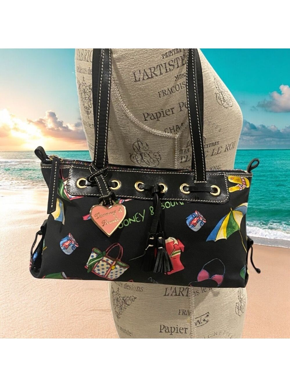 Vintage Y2K Dooney & Bourke Miami Beach Black & Multi Uncoated Bag & Wallet - Picture 4 of 16